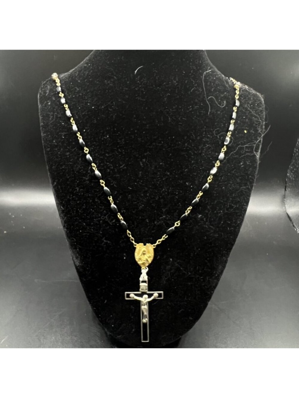 Vintage Rosary Necklace Black Stone Beads Crucifix Pendant  Religious Medal Japa
